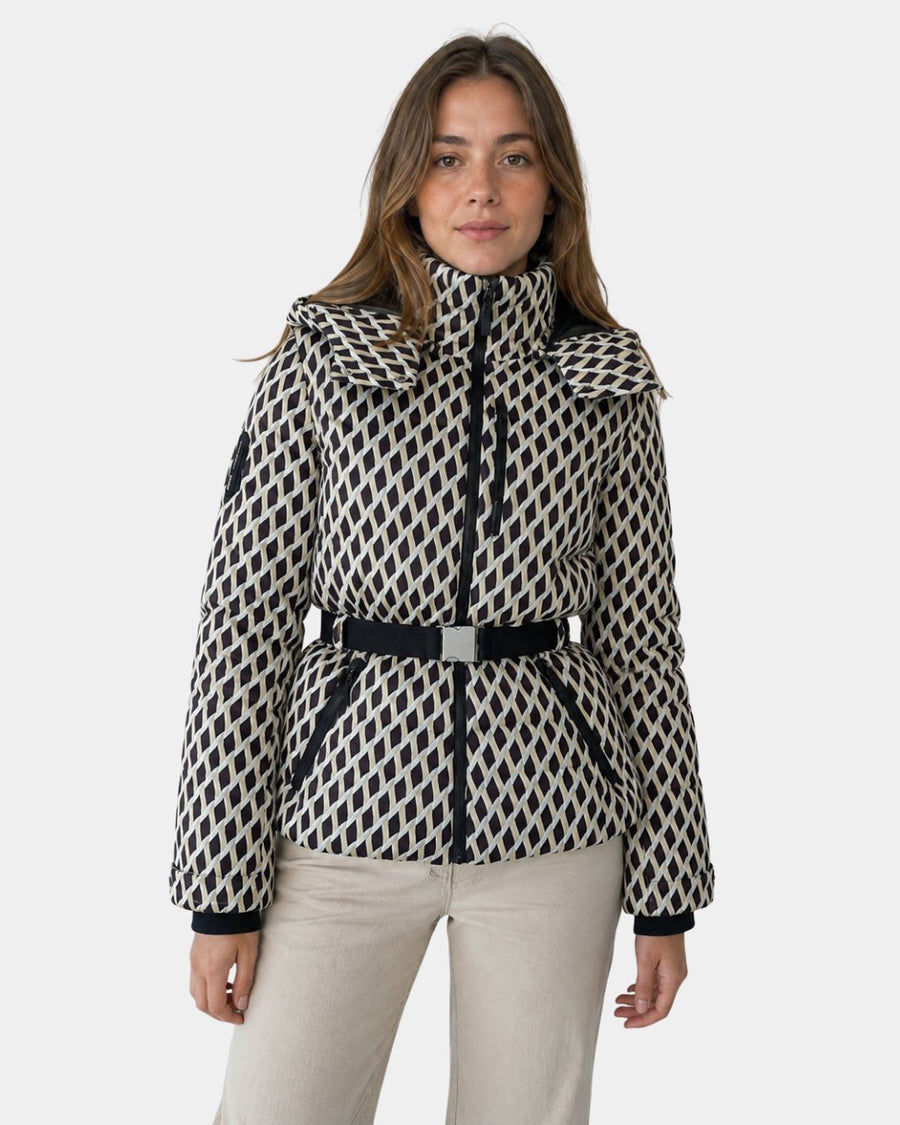Élodiane | Veste doudoune beige à motifs avec ceinture