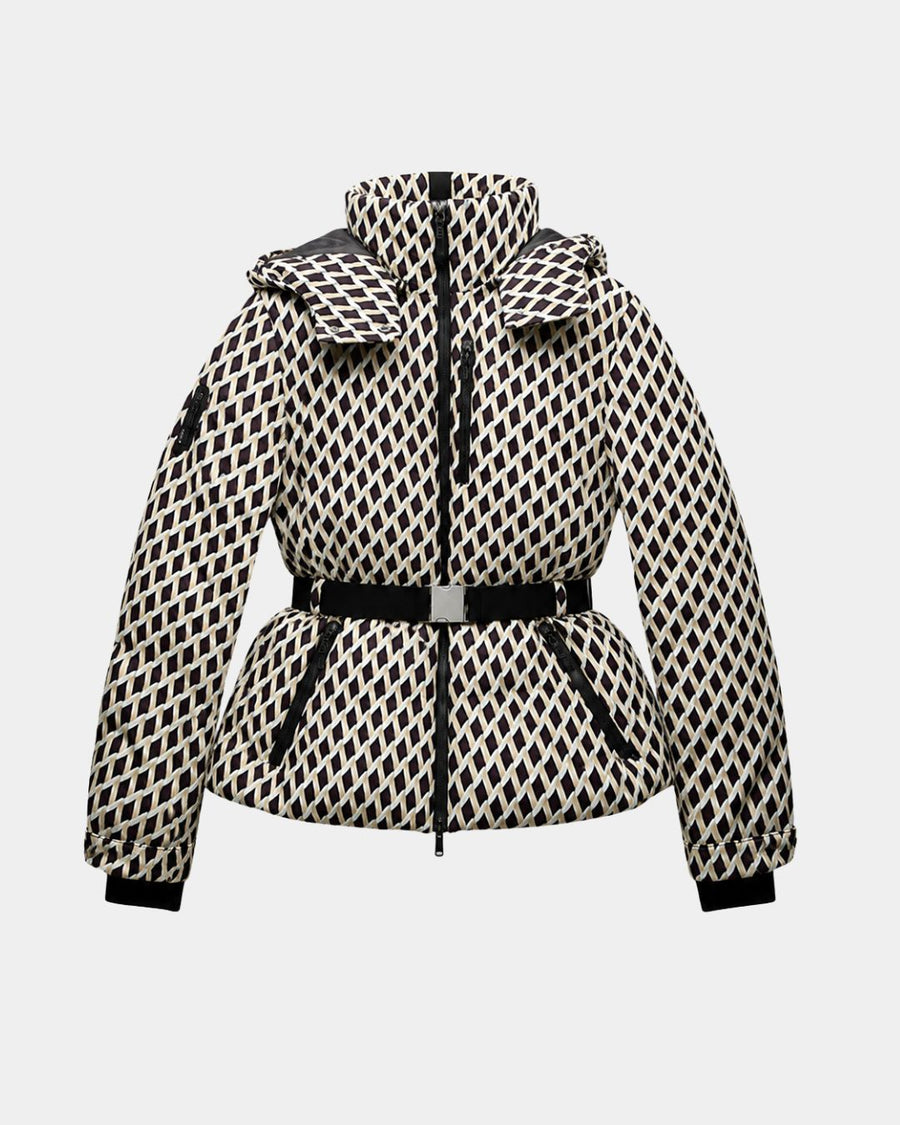 Élodiane | Veste doudoune beige à motifs avec ceinture